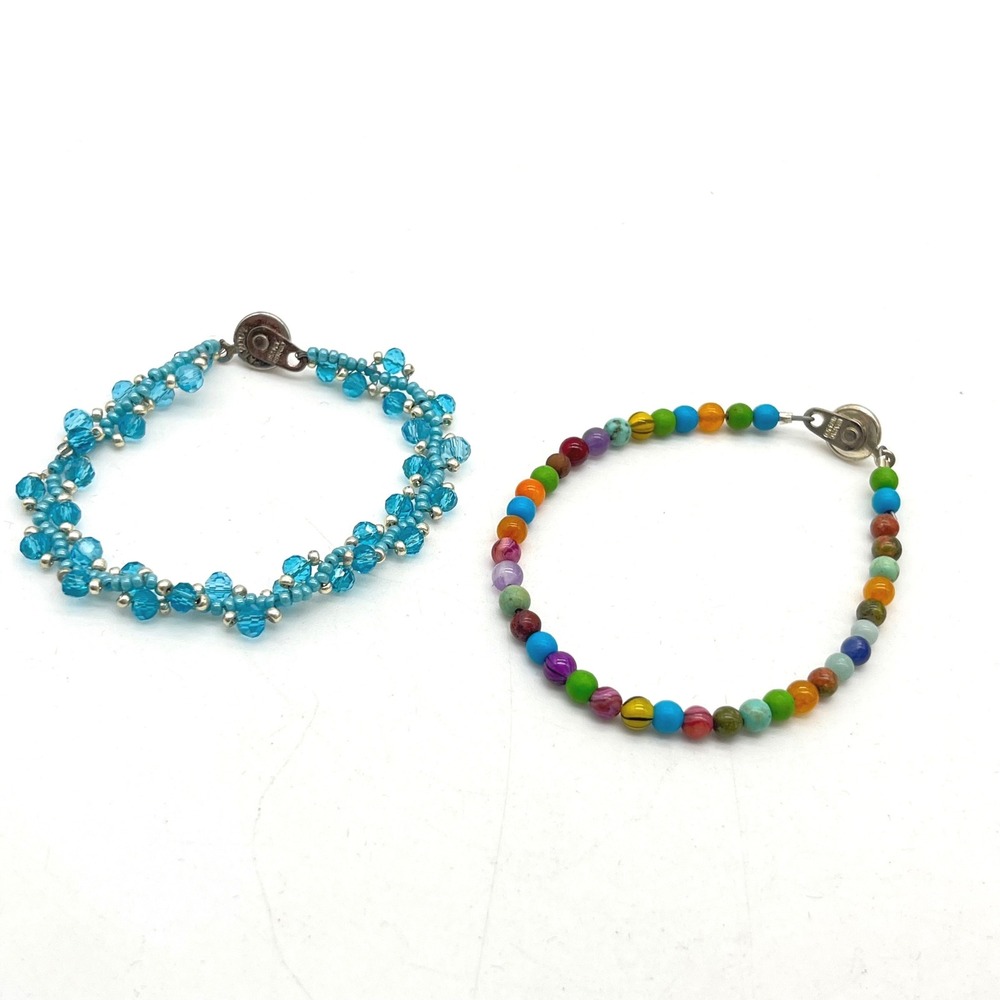 Set of 2 Beaded Bracelets Blue Crystal and Multi Color Magnetic Clasp 6.5 inch